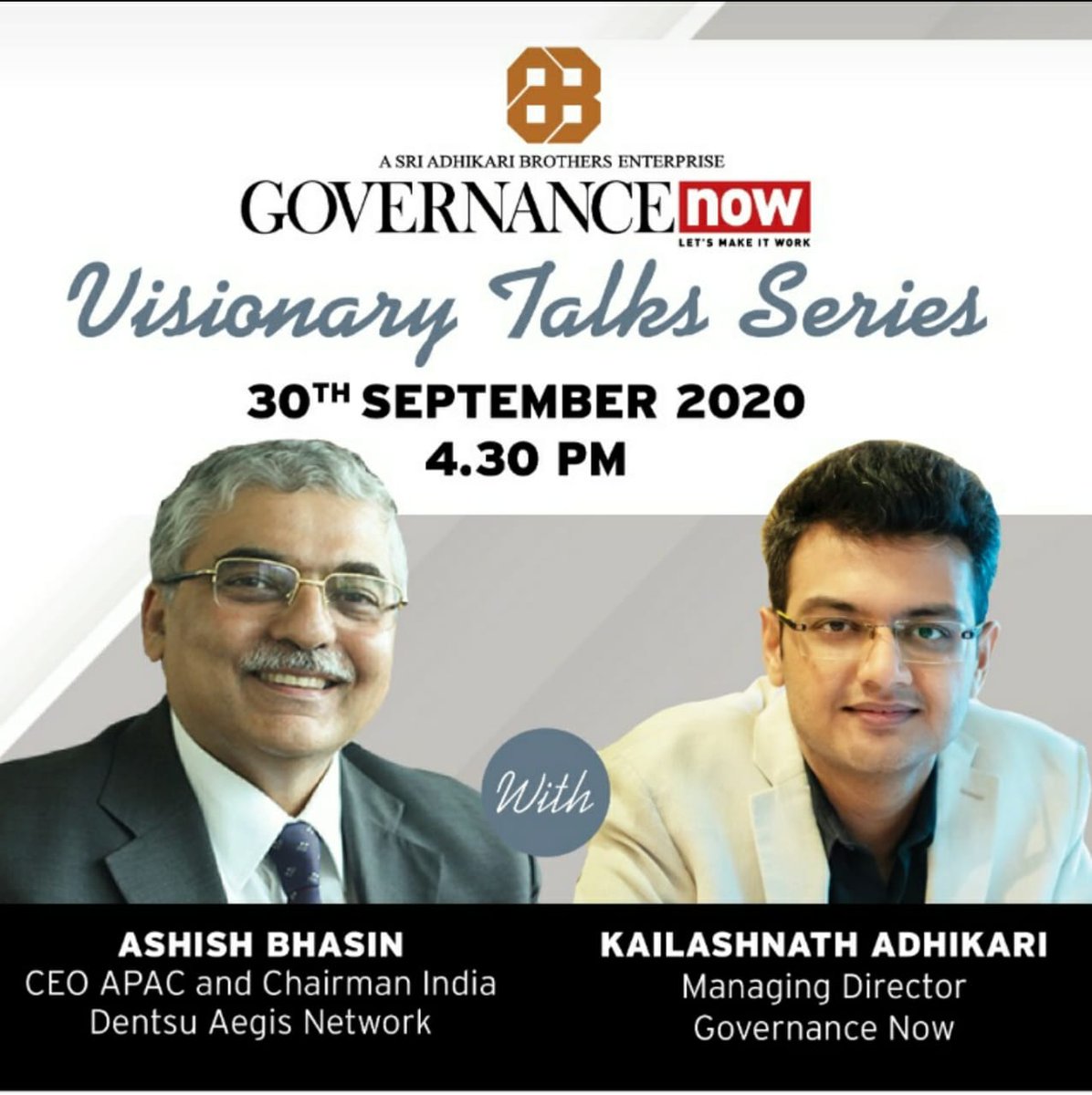 Join @ashishbhasin1 in conversation with @KAdhikaari at 4.30 PM today on @governancenow’s #VisionaryTalks where he discusses the scope for governance, policies in advertising and much more! Register Now: bit.ly/3jcmz1J