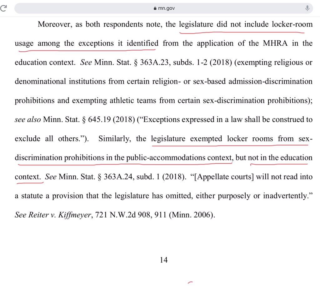 Note here that single-sex facilities operate under exceptions granted in law from otherwise straightforward nondiscrimination protections. Minnesota students lost locker room privacy because the exception for other public accommodations wasn’t granted in education contexts.