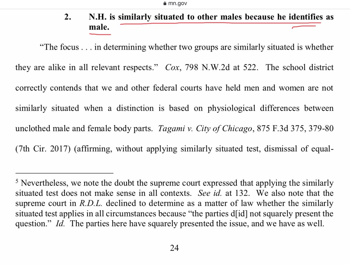 Again from the decision: “N.H. Is similarly situated to other males because he identifies as male.”The ruling immediately proceeds then, having thrown sex aside as a consideration, to acknowledge that it exists.