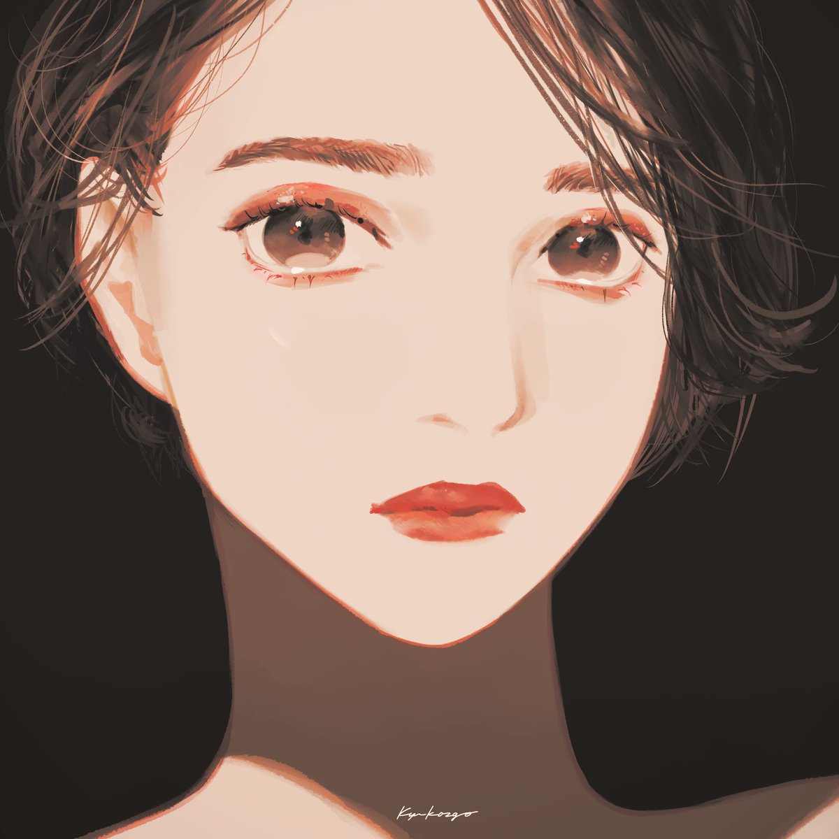 1girl solo looking at viewer portrait long hair red lips black hair  illustration images