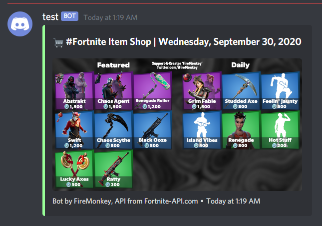 iFireMonkey on Twitter: "Item Shop Bot 🤝 Discord Servers Hey guys! I've  pushed a small update to my item shop bot that now adds full discord  integration, however I also want to