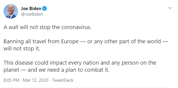 Trump War Room (@trumpwarroom) on Twitter photo <a href="/CNN/">CNN</a> 3 days before President Trump announced travel restrictions, top Biden advisor Ron Klain said, “I wouldn’t."
The day after the announcement (Feb 1), Biden accused Trump of xenophobia.
March 12: Biden slams travel bans
March 18: Biden responds to Trump tweet, cries "xenophobic" <a href="/CNN/">CNN</a> 3 days before President Trump announced travel restrictions, top Biden advisor Ron Klain said, “I wouldn’t."
The day after the announcement (Feb 1), Biden accused Trump of xenophobia.
March 12: Biden slams travel bans
March 18: Biden responds to Trump tweet, cries "xenophobic"
