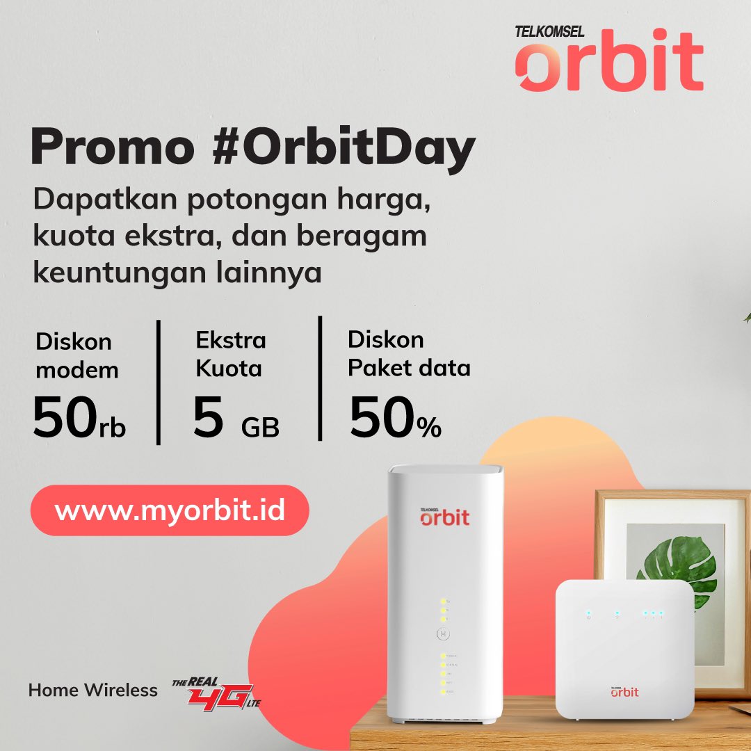 myorbitid's tweet photo. Nikmati berbagai promo menarik yang bisa kamu dapatkan mulai dari diskon pembelian modem sampai paket data di #OrbitDay hari ini.
Saatnya tingkatkan produktivitas di rumah dan pesan modemnya sekarang di https://t.co/TH1t9a3JUk.
Dengan Telkomsel Orbit, #SemuaDone! https://t.co/b7NY3rNTxI