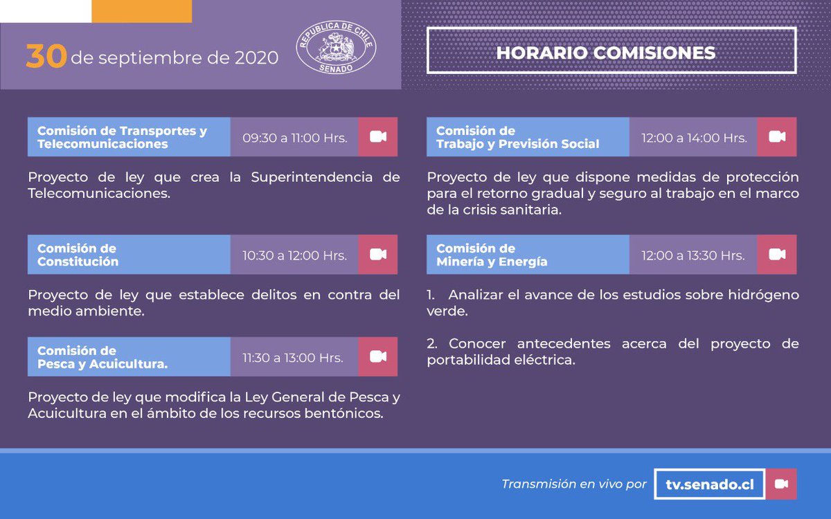 Senado_Chile's tweet photo. 🏛 Miércoles Legislativo |

Aquí pueden revisar los horarios y materias que abordarán las comisiones citadas para este miércoles 30.

Desde las 16:00 hrs. la Sala del Senado continuará con la discusión y votación en particular del proyecto de Ley de Migración y Extranjería. https://t.co/xXMlnLqKlj