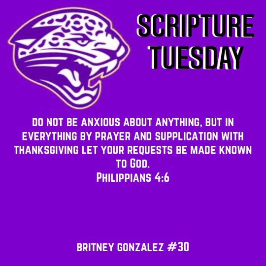 JC_JaguarWBB's tweet photo. I chose this verse because when things get hard I always go to my sister for advice and she always tells me this verse and tells me to pray and talk to God and things will fall into place. - #30 Britney Gonzalez #ScriptureTuesday https://t.co/RrTJbwq9oe