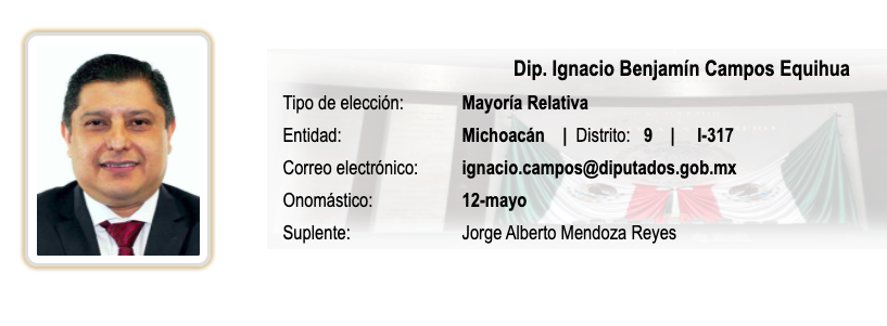 Dip. Ignacio Benjamín Campos Equihua  @IgnacioBCamposE @DiputadosMorena MichoacánLicenciatura EconomíaAntes miembro del PRD #chapulín  #MorenaTraicionaLaCiencia  #MorenaTraicionaMéxico