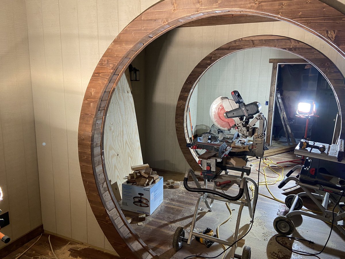 CherryTreesort's tweet photo. Lights are up and the inside is coming together! Check out the circular walk ways we designed and custom built. This thing is badass. Opening mid October! #cherrytreesort #hobbithouse https://t.co/9SHcPO3AQk