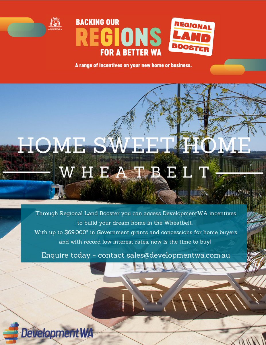 Is it time to build your dream home in the #Wheatbelt? As part of the $116 million Regional Land Booster package, you can access DevelopmentWA incentives on eligible residential blocks. To find out more click here https://t.co/X5LfPE2rZI #DevelopmentWA #LandDevelopment #FirstHome https://t.co/hxv1G54vlp