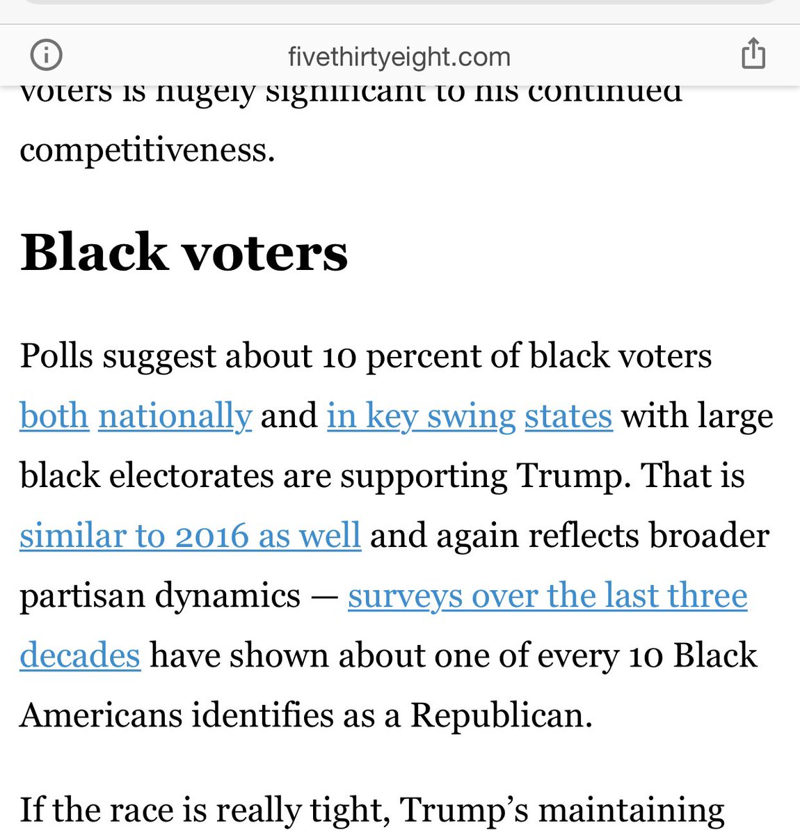 Trump disks about the crime bill I'm doing better (with African Americans) than any Republican in a long time About 10% of African Americans support Trump, per Five Thirty Eight