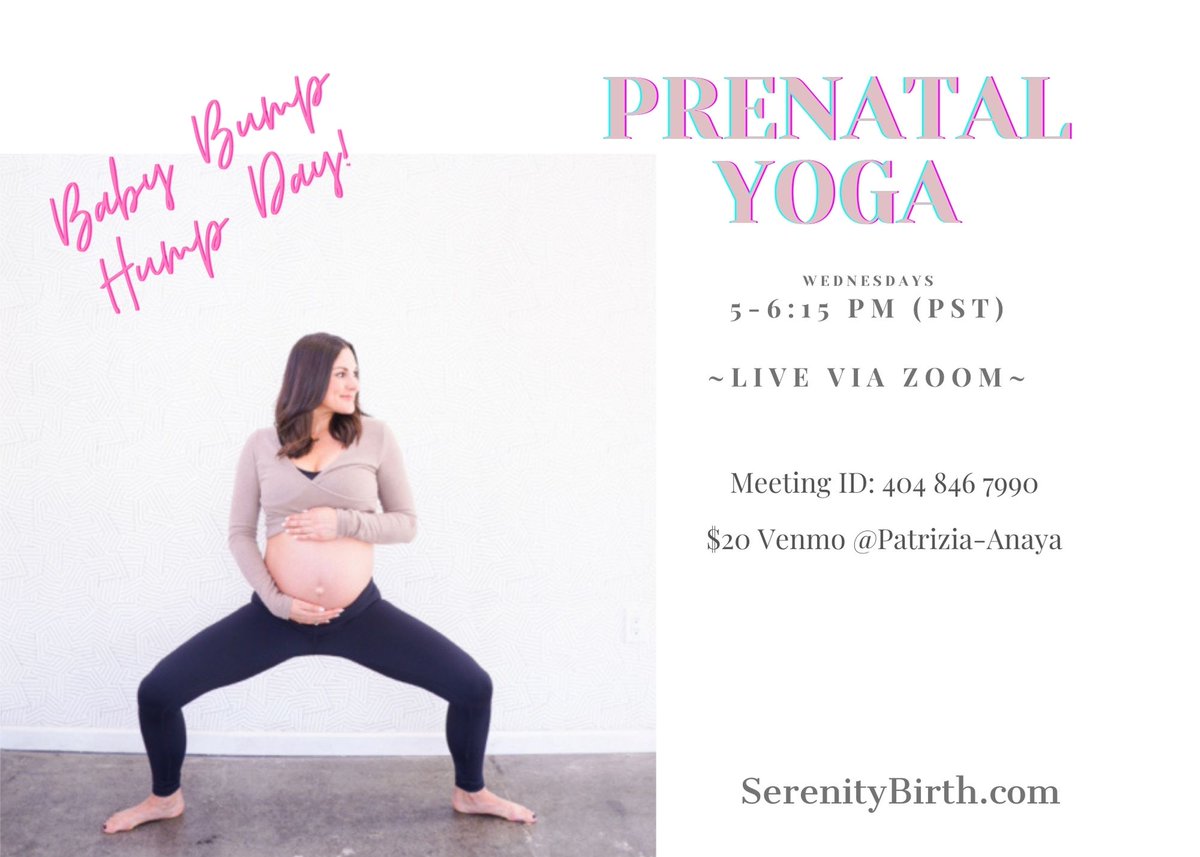 Hump Day Bump Day! Join us  on Wednesdays at 5:00 p.m. (PST) for #PrenatalYoga class LIVE on Zoom! All trimesters welcome. Prior #Yoga experience is not necessary.
Cost $20 Venmo <a href="/patrizia/">Patrizia</a>-anaya

Join Zoom Meeting
us02web.zoom.us/j/4048467990