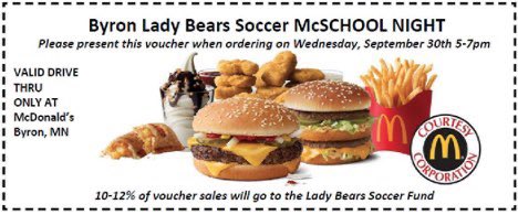 LadyBearsFutbol's tweet image. MCDONALDS NIGHT!! 🍟🍔
Sept. 30th from 5-7pm come to the Mcdonald’s in Byron and support your Lady Bears!! Show this certificate to help donate to our program! 💛💛
*drive thru only*