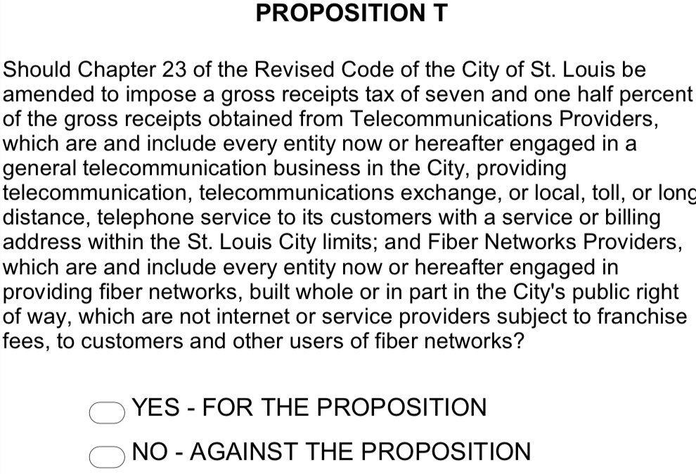 cwg18's tweet photo. Well, this seems like clear and concise ballot language. Thank you, City of St. Louis ... #PropT https://t.co/U2O9eQ78KV