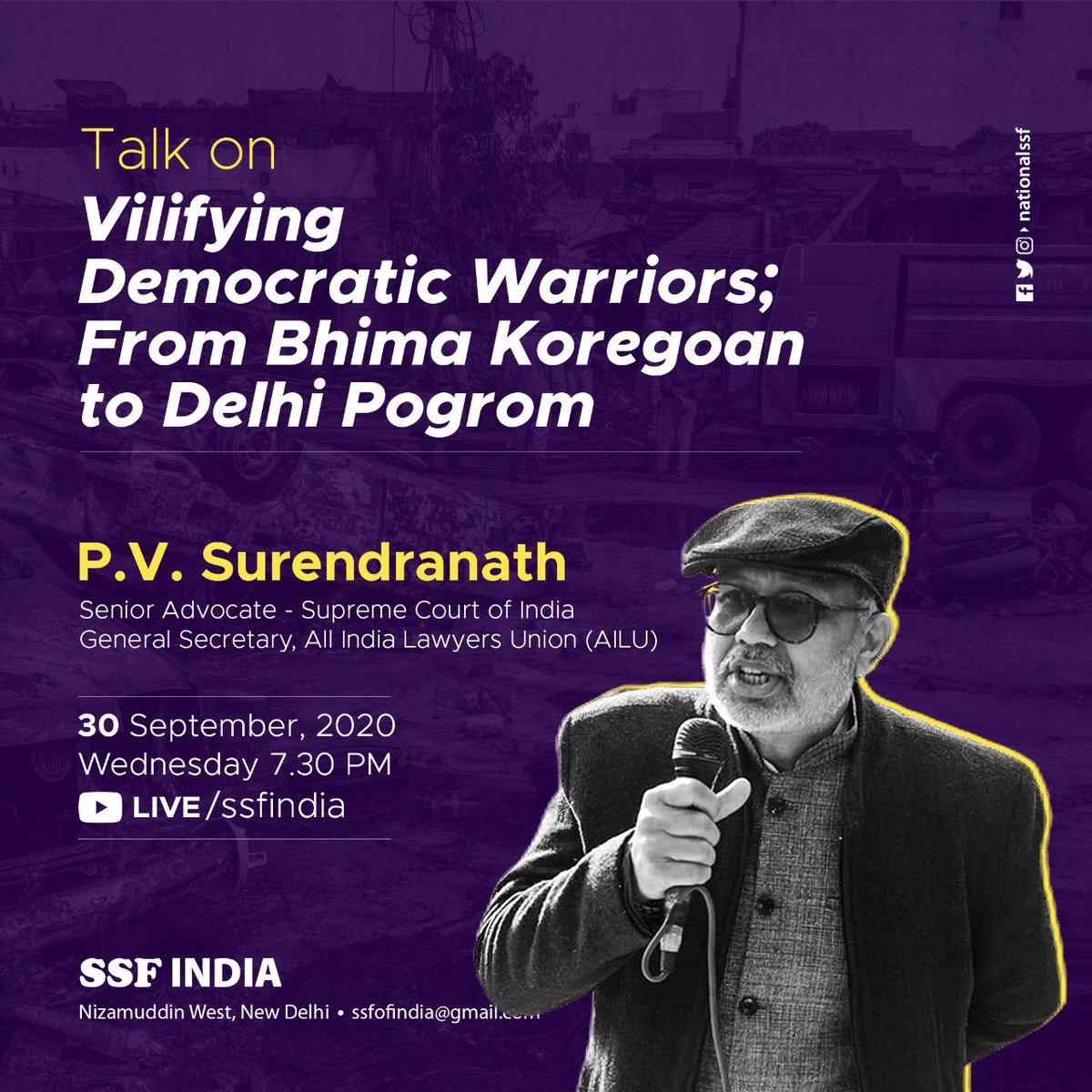 Mohd_Shareef___'s tweet photo. Talk on: 
Vilifying Democratic Warriors; From Bhima Koregoan to Delhi Pogrom.
#DelhiRiots2020 #bhimakoregaon 
@nationalssf https://t.co/gUzkXOAbPX