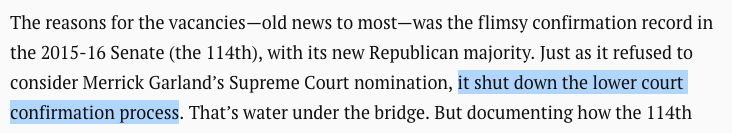 schwartzapfel's tweet image. Trump says Obama left over 100 judicial vacancies. "You just don't do that." Actually, the reason for all those vacancies was Republican obstructionism in the Senate. #Debates2020  brookings.edu/blog/fixgov/20…