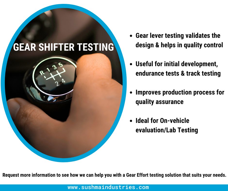 sushmainc's tweet image. Measurement of gear shifter force components experienced by drivers enables design engineers to improvise mechanism, enhance ergonomics, cut fatigue and augment safety. 
ow.ly/59Sd50BE4WO 
#Sushma #SushmaIndustries #AutomobileTesting #GearShifter #GearShifterTesting #ATS
