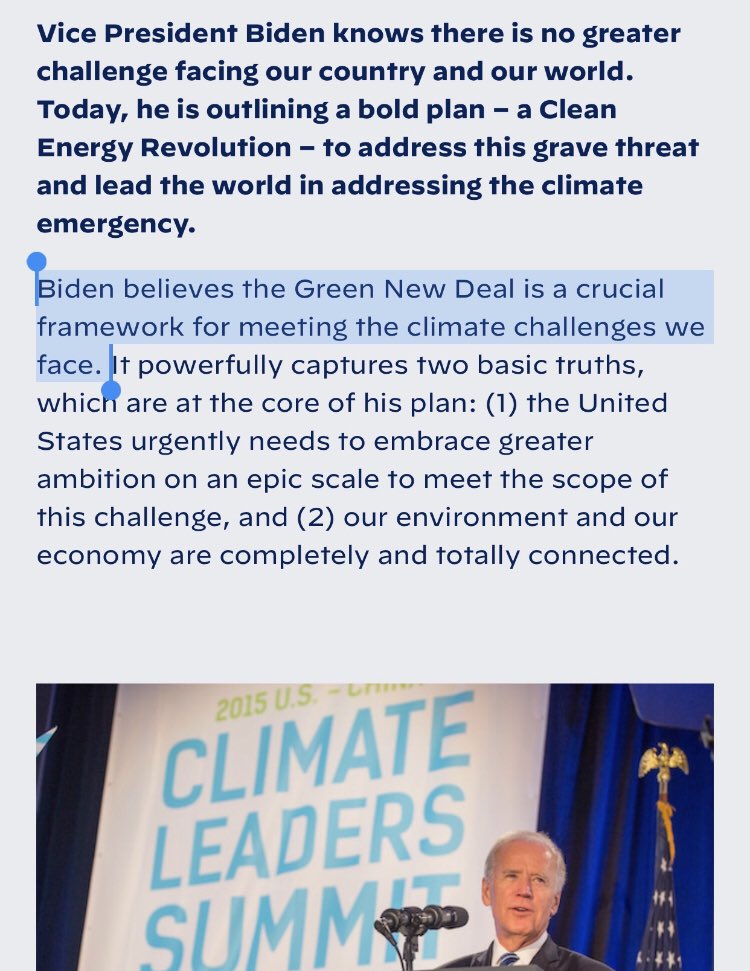 Biden: “I don’t support the Green New Deal.” Biden’s own website: joebiden.com/climate-plan/