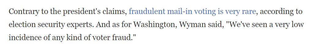 WA state also has processes in place to make sure that in the rare situation where 2 ballots are sent to one person, only one is counted. Washington& #39;s Republican Secretary of State,  @KimWyman12, said all-mail voting has not led to a spike in voter fraud.   #MailInVoting   #Debate2020