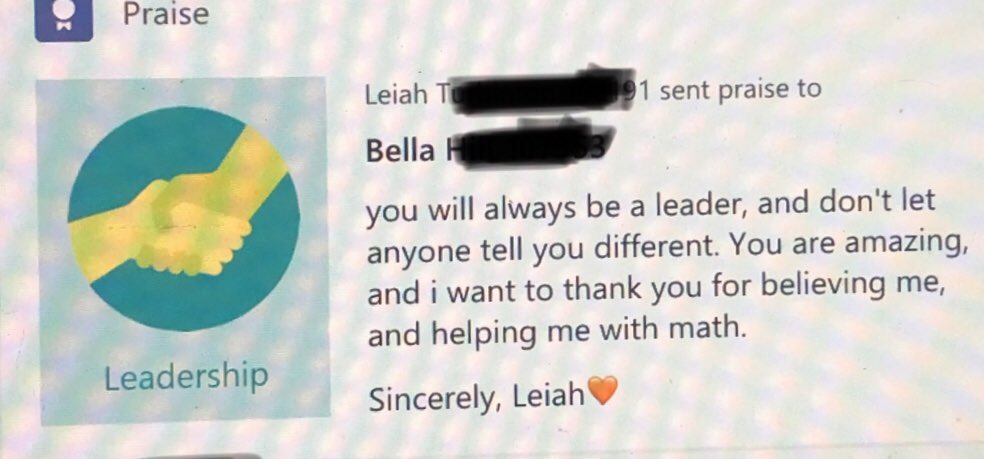 Checking assignments and plugging in grades all stopped as soon as I saw this. A small but mighty praise report was sent from one student to another. Connection are possible❤️. #distancelearning #Microsoftteams