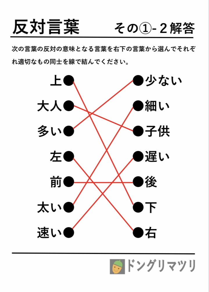 ぐり ドングリマツリ 新しい脳トレ問題用紙を紹介します 今回の内容は 反対コトバ です 左右のコトバ の中からそれぞれ反対の意味をもつものを選んで線で繋ぎます 脳トレやレク時間に頭の体操でいかがでしょうか ホームページ 脳トレ問題 反対