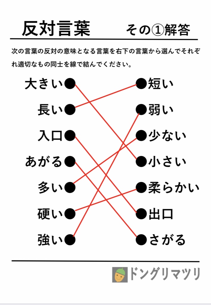 ぐり ドングリマツリ 新しい脳トレ問題用紙を紹介します 今回の内容は 反対コトバ です 左右のコトバ の中からそれぞれ反対の意味をもつものを選んで線で繋ぎます 脳トレやレク時間に頭の体操でいかがでしょうか ホームページ 脳トレ問題 反対 ぐり ドングリマツリ 新しい脳トレ問題用紙を紹介します 今回の内容は 反対コトバ です 左右のコトバ の中からそれぞれ反対の意味をもつものを選んで線で繋ぎます 脳トレやレク時間に頭の体操でいかがでしょうか ホームページ 脳トレ問題 反対