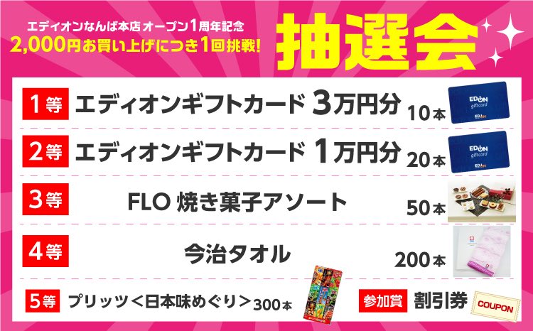 エディオンなんば本店 公式 A Twitter ガラガラ抽選会 本日最終日 本日9 30 水 で抽選会最終日 参加方法 2 000円以上お買い上げで1回挑戦 当日発行された参加券 レシートを持って8階へgo T Co Tauozhk4vp Twitter