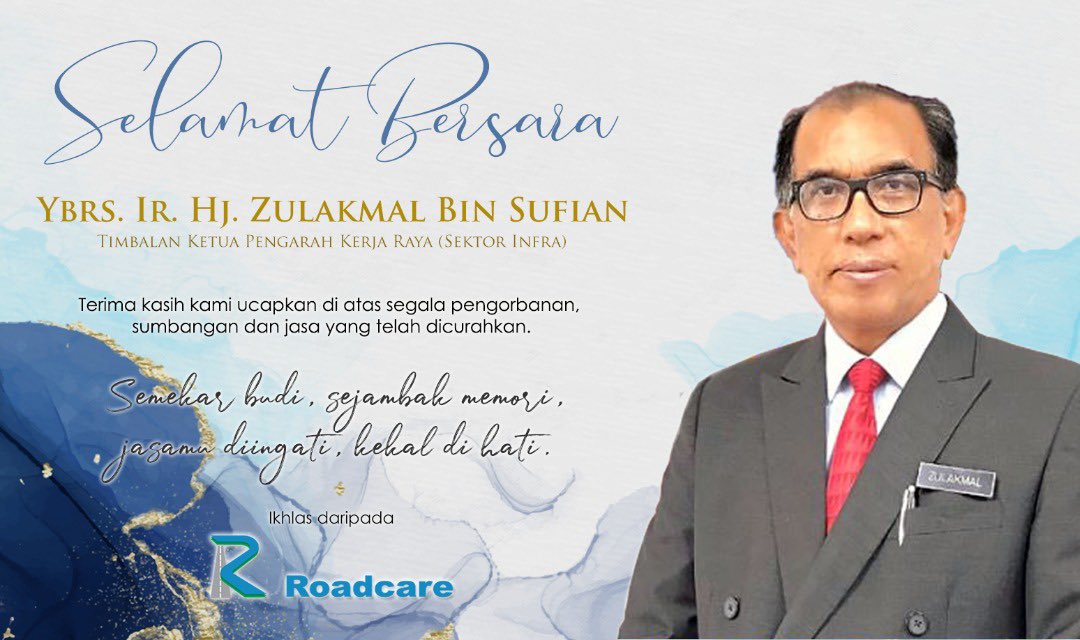 Selamat Bersara diucapkan kepada YBrs. Ir Hj Zulakmal Bin Sufian semoga sukses dan segala jasa yang telah disumbangkan amatlah dihargai.
<a href="/Zulakmal8/">zulakmal</a> 
<a href="/MOWorks/">でやんす</a> 
<a href="/JKRMalaysia/">JKR Malaysia</a>