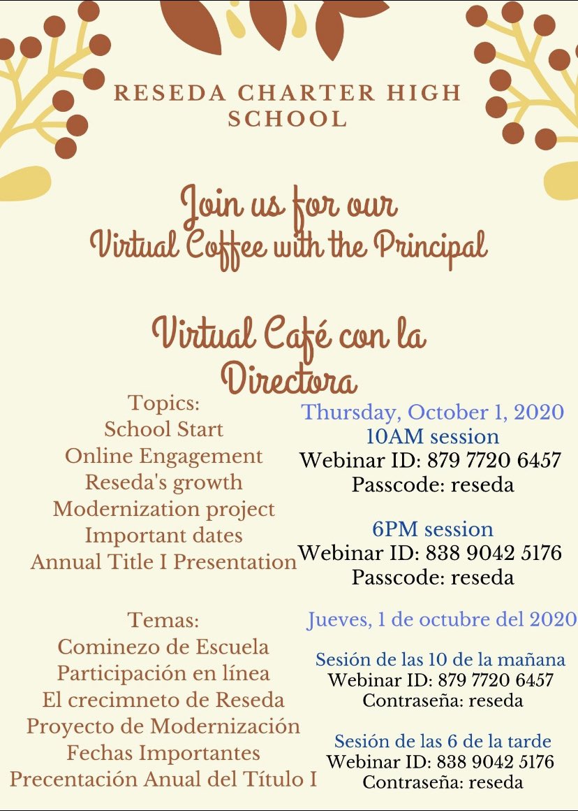 Join us Thursday for Coffee with the principal <a href="/ResedaCharter/">Reseda Charter 2014-24</a> @resedamiddle <a href="/AmeMagnet/">AMEMagnet</a> <a href="/RHpoliceacademy/">RH Police Academy</a> @ResedaSciMag