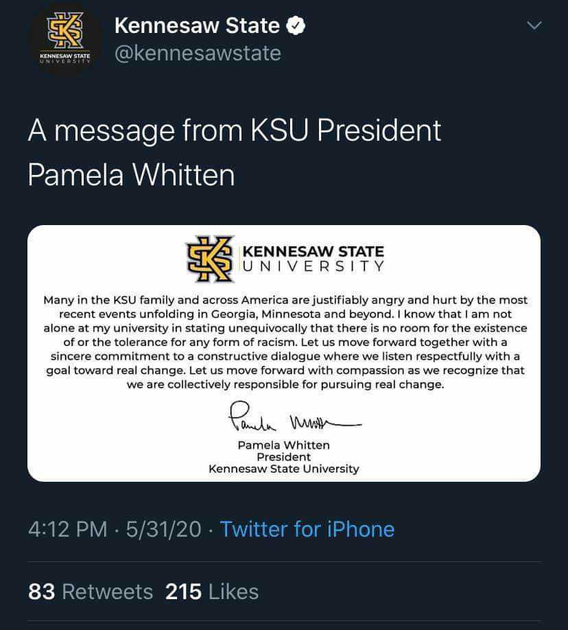  @kennesawstate was silent about this Rolfe even after President Whitten told us there was “unequivocally no room for the existence of or the tolerance of any kind of racism.”Rayshard’s murder was an act of racist violence. His killer is a dangerous racist. Why weren’t we told?