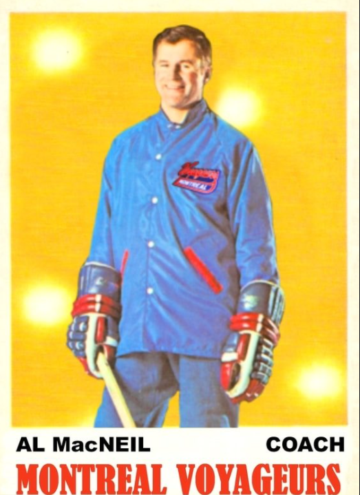 Waitaminute! What is going on here? It's the same photo of Al MacNeil, except one has a Montreal Voyageurs logo and the other has the Montreal Canadiens logo.... ONE OF THESE IMAGES IS A FAKE. 