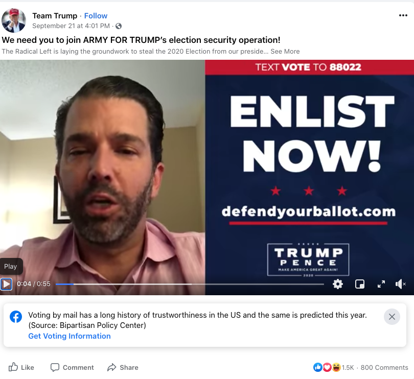 Trump telling violent right-wing extremists to "stand back and stand by" tracks with his campaign telling supporters to enlist for an ARMY FOR TRUMP "election security operation" last week