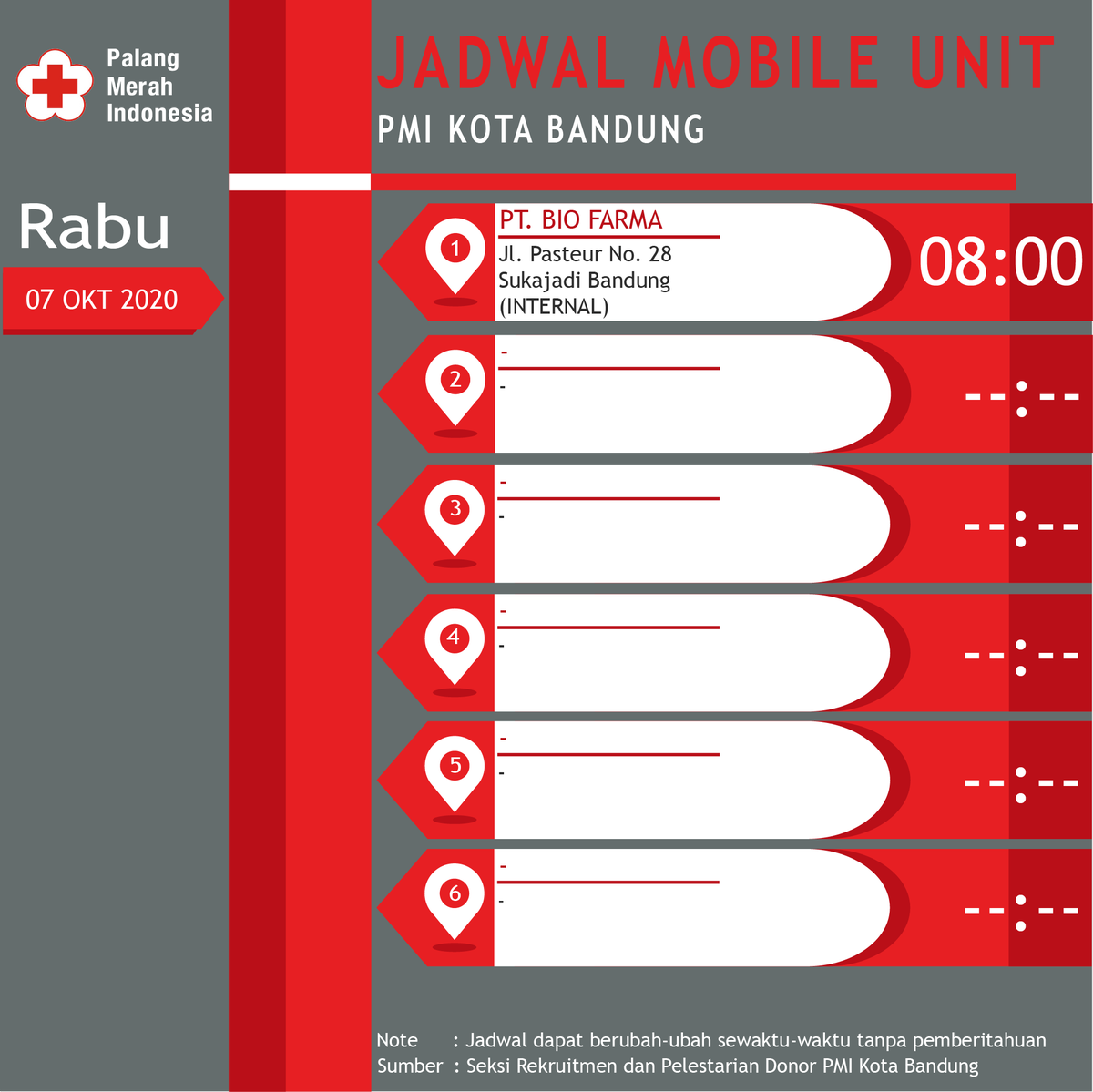 Berikut jadwal mobile unit untuk tanggal 3-7 Oktober 2020.

Donor darah aman ditengah pandemi asalkan selalu patuhi protokol kesehatan. Yuk donor darah..! Datang langsung ke PMI Kota Bandung atau datangi mobile unit terdekat ya...

#ayodonordarah #tiadaharitanpamenolongsesama