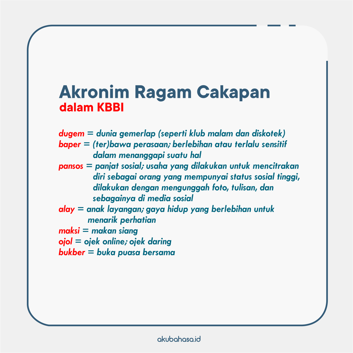 akubahasa_id's tweet photo. Sobatku, bukan berarti kata-kata tersebut baku, ya, tapi kata-kata tersebut seperti dapat pengakuan sehingga masuk ke dalam KBBI. Yuk, buka KBBI-nya dan temukan akronim ragam cakapan lainnya!
#rabukatakataku #akronim #bahasaindonesia #akubahasa https://t.co/vJhyHxoHnG