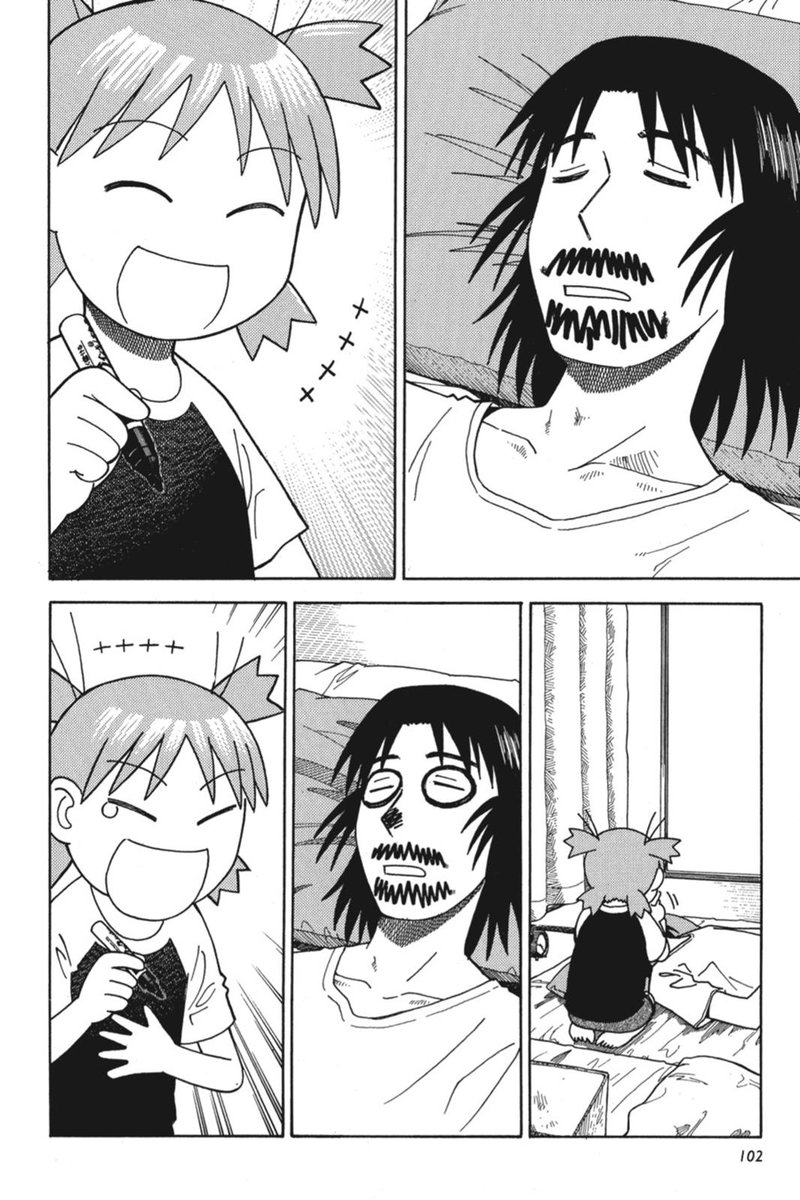 Yotsuba (Ch 11). This series captures the innocence of youth quite well through so many instances, but this will always be one of my favorites. Your single dad knocks out after an all nighter of work and child draws on his face with magic marker and tries mayonnaise-ing it off.