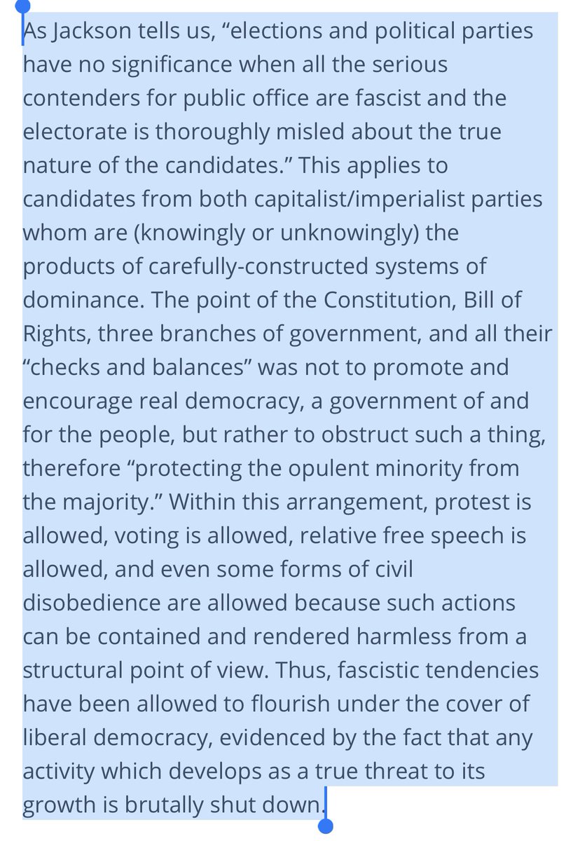 Jackson: “elections and political parties have no significance when all the serious contenders for public office are fascist and the electorate is thoroughly misled about the true nature of the candidate”