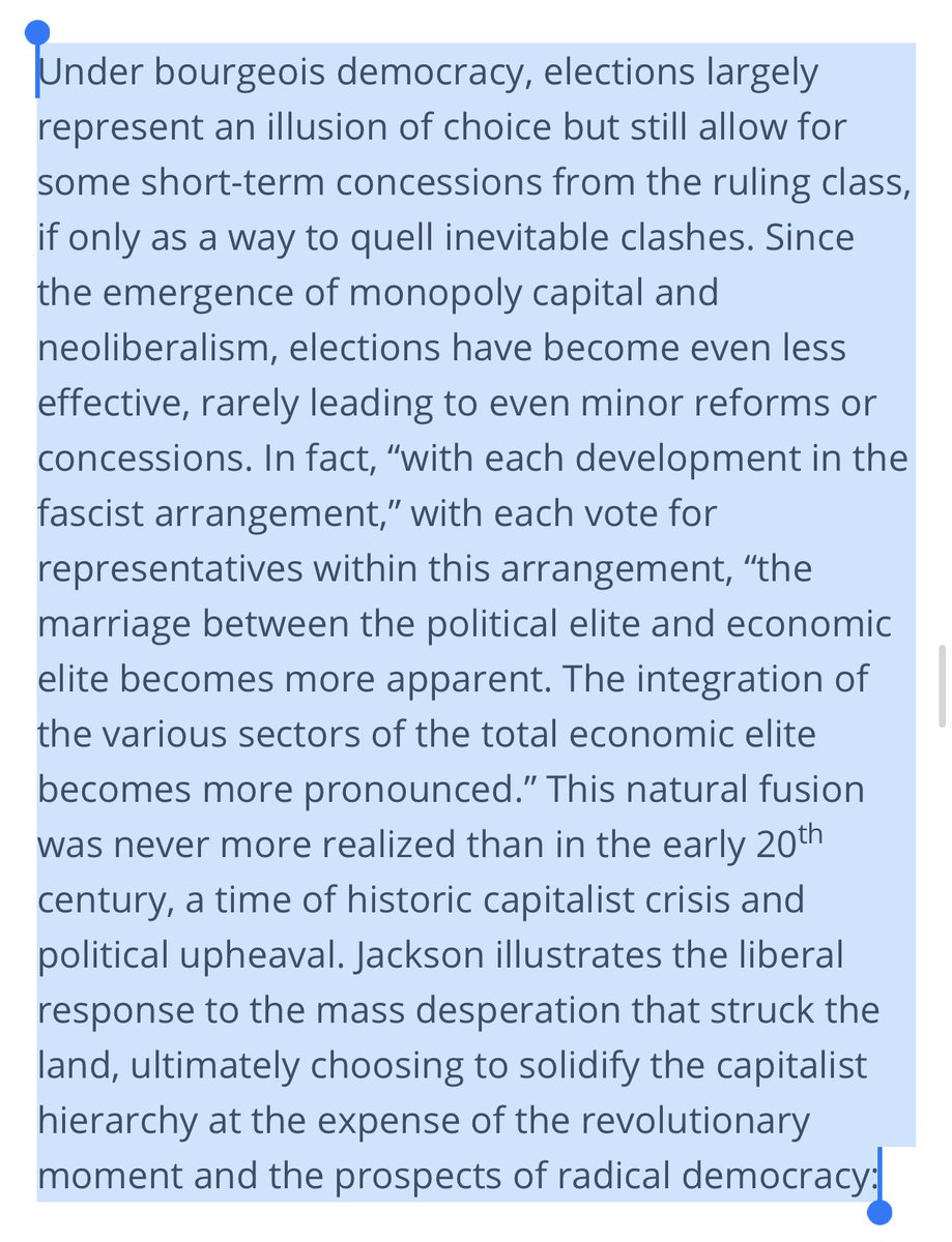 “elections largely represent an illusion of choice but still allow for some short-term concessions from the ruling class, if only as a way to quell inevitable clashes” and as stated here liberals falling in line at the height of the what they call the largest movement in history.
