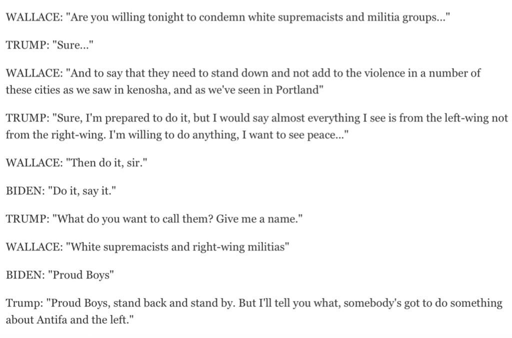 JackPosobiec's tweet photo. Check the transcript 

Chris Wallace specifically asked Trump to tell militias to ‘stand down’ 

Then Biden started interrupting, then Trump said ‘stand back’ 

Complete gotcha moment manufactured by Wallace. Inappropriate https://t.co/UQ2oGHjgYD