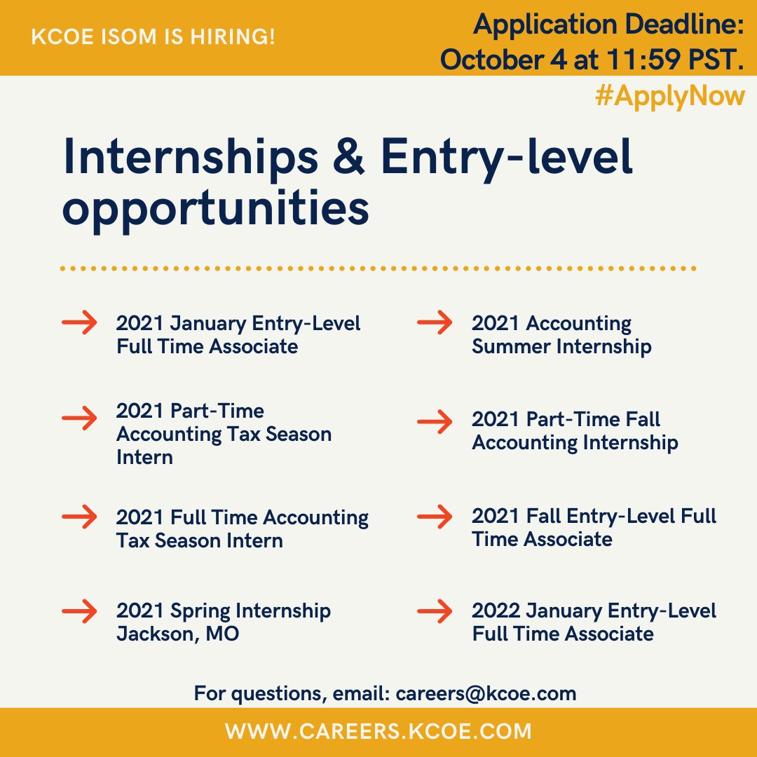 LifeAtPinion's tweet photo. #Accounting students seeking internships and entry-level opportunities. Check out the list of positions available at KCoe and apply.⁣⁣ Applications deadline is 𝐎𝐜𝐭𝐨𝐛𝐞𝐫 𝟒𝐭𝐡, 𝟏𝟏:𝟓𝟗 𝐏𝐒𝐓. #accountinginternships #accountingjobs https://t.co/MJzLhJBTtm