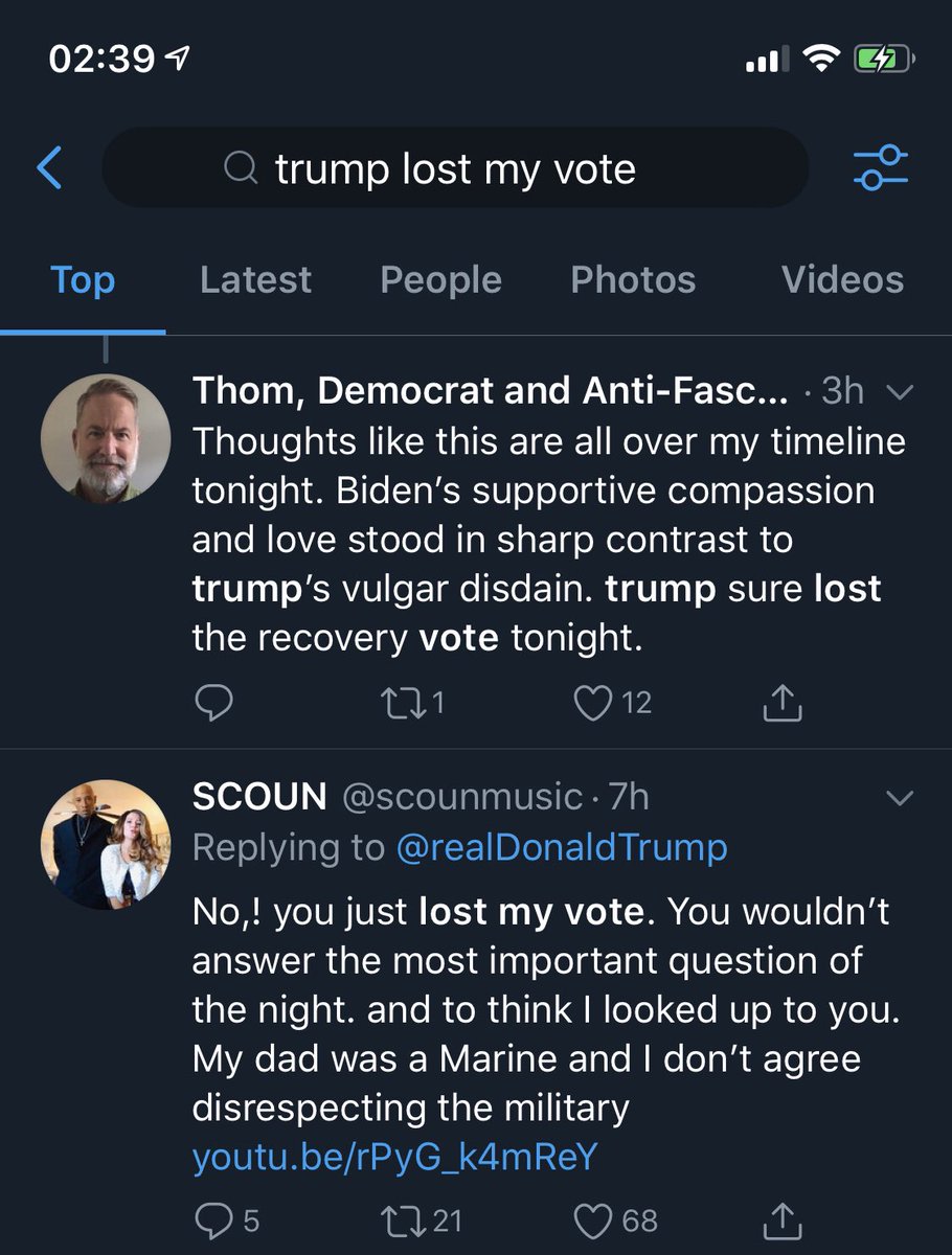 More votes Trump lost. I’m trying to mainly dedicate the thread to tweets from people during the debate or after where people talk about Trump losing their vote. There will also be some tweets about Trump supporters criticizing him as a human being based on tonight.2/
