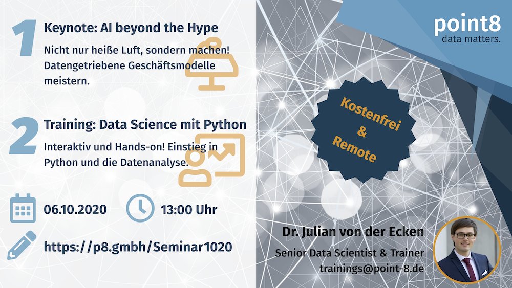 Nächste Woche ist es schon wieder so weit! Lessons Learned und Erfahrungen & Tips wie man KI Projekte aufziehen sollte! Wer mag bleibt beim anschließenden Python-Training dabei. Mehr unter p8.gmbh/Seminar1020 #KI #DatenScience #Python