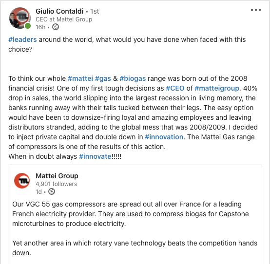 MatteiGroup's tweet photo. There's more to the story behind our #gascompressors we posted about yesterday:
Instead of making cuts during the crisis, our CEO Giulio Contaldi invested and the team innovated. The result is now one of our most envied products.
#invest #innovate #innovation #technology https://t.co/v0PX5WGTCY
