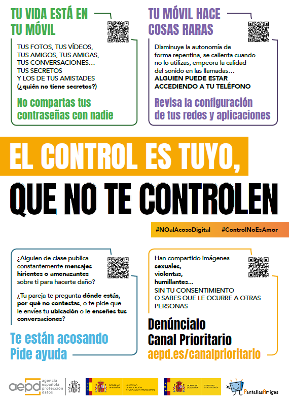"El control es tuyo, que no te controlen" es la nueva campaña de concienciación sobre el acoso y la violencia de género digital entre menores de <a href="/AEPD_es/">Agencia Española de Protección de Datos</a>,  <a href="/educaciongob/">Ministerio de Educación, FP y Deportes</a>, <a href="/IgualdadGob/">Ministerio de Igualdad</a> y <a href="/PantallasAmigas/">PantallasAmigas</a>

¡Únete y difunde! #NOalAcosoDigital #ControlNoEsAmor intef.es/Noticias/campa…