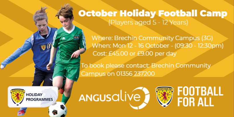 angusalive's tweet photo. Scottish FA October Football Camp ⚽️

▪️Forfar Community Campus 
▪️Brechin Community Campus 

✅ Scottish FA &amp; UEFA Qualified Coaches 
✅ Goalkeeping Specific Training Available 
✅ Technical Training Theme Every Day 
✅ Innovative &amp; Fun Training Enviroment 
✅ COVID-19 Compliant https://t.co/Poa3GGLX4p