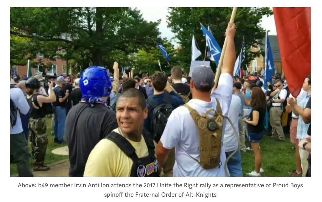 Yet another Proud Boy in Charlottesville was Irvin Antillon. Pictured near the Neo-Nazi Identity Evropa, Antillon is a member of a Latino skinhead gang, Battalion 49. He joined in the notorious Proud Boys gang attack in NYC in Oct 2018. https://archive.fo/cKQz5#selection-287.6-287.20