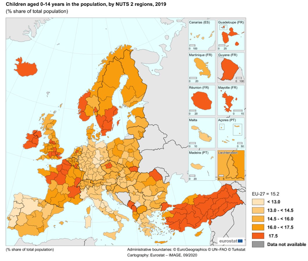 Share of population aged 0-14 in Europe's regions -  @EU_Eurostat  https://ec.europa.eu/eurostat/statistics-explained/index.php?title=Being_young_in_Europe_today_-_demographic_trends#Europe.E2.80.99s_demographic_challenge