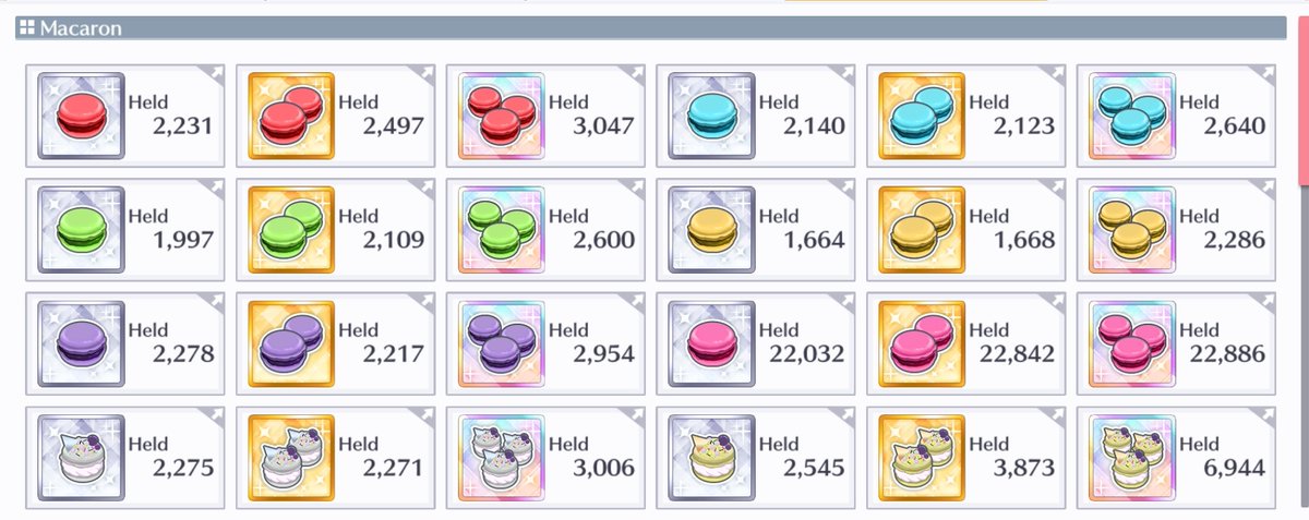 post-event stats - rank 70 → 78- 7,000 → 6,705 (free) gems- 3,451 → 2,965 skip tickets- used 1,570 gems to rank!- i already used most of the macarons i farmed  - got a lot of girls to bond lvl 50! - got my 2nd mlb brooch! 