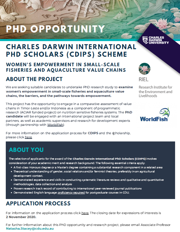 Oh hello 🧐 PhD opportunity! '#Women's #empowerment in #smallscalefisheries & #aquaculture value chains' Apply here 👉bit.ly/3jga8lz to work with @CDUni @WorldFishCenter in #TimorLeste #PhDchat #marsocsci #phdlife