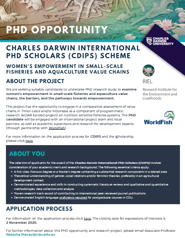 Oh hello 🧐 PhD opportunity! "#Women's #empowerment in #smallscalefisheries &amp; #aquaculture value chains"

Apply here 👉bit.ly/3jga8lz to work with <a href="/CDUni/">Charles Darwin University</a> <a href="/WorldFishCenter/">WorldFish</a> in #TimorLeste

#PhDchat #marsocsci #phdlife
