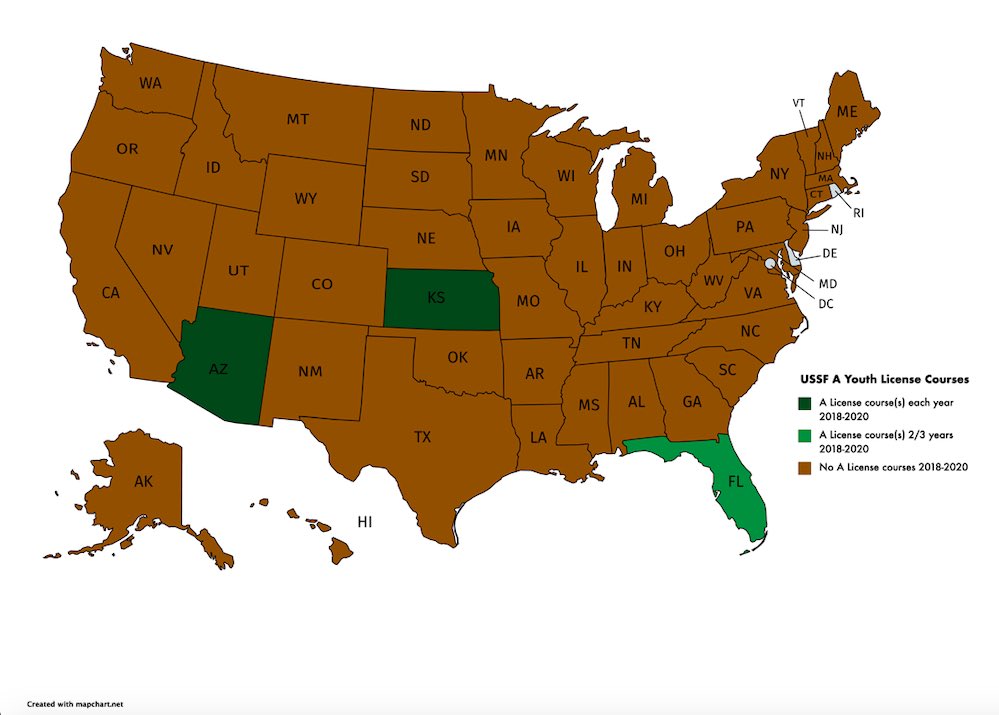 Here are maps and tables that show where courses for the two highest-level licenses, the A-youth and the B, were held from 2018-2020: