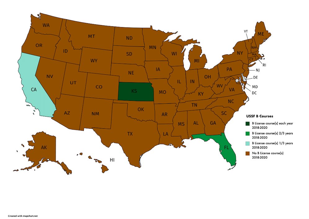 Here are maps and tables that show where courses for the two highest-level licenses, the A-youth and the B, were held from 2018-2020: