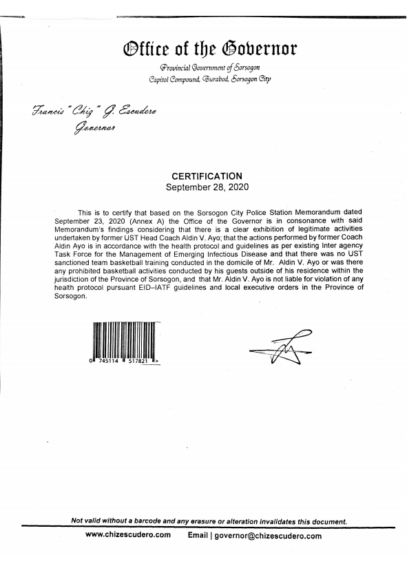 LOOK: Sorsogon Province Governor Francis "Chiz" Escudero certifies that Ayo and the UST camp did not conduct prohibited basketball activities in the province